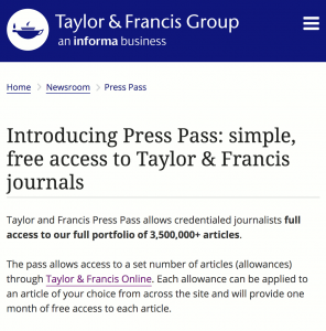 Journalists now can get access to Taylor & Francis journal articles