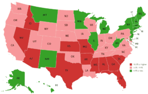 The American Health Care Association and National Center for Assisted Living say officials in 33 states with a COVID-19 test positivity rate of 5% or higher (states shaded in red and pink) should ensure that nursing homes have adequate supplies of personal protective equipment, pressure clinical laboratories to expedite test results and take other steps to reduce the spread of the coronavirus.