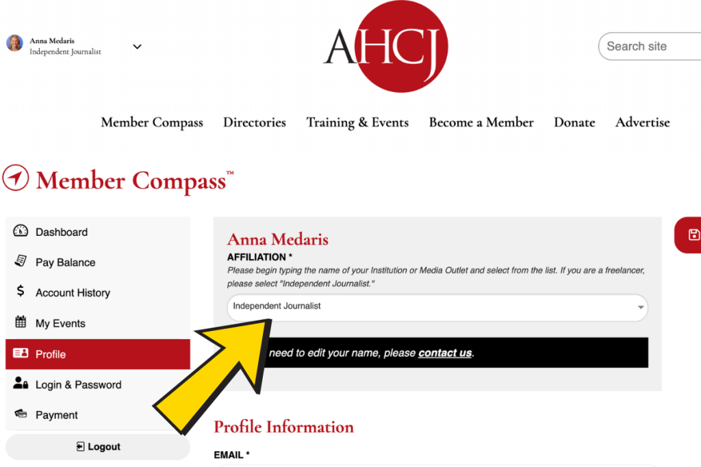 Screenshot of where to find "Affiliation" on your AHCJ Member Compass