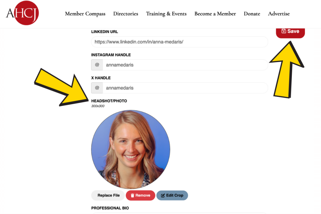 Screenshot of where to find "Headshot" and the save button on your AHCJ Member Compass