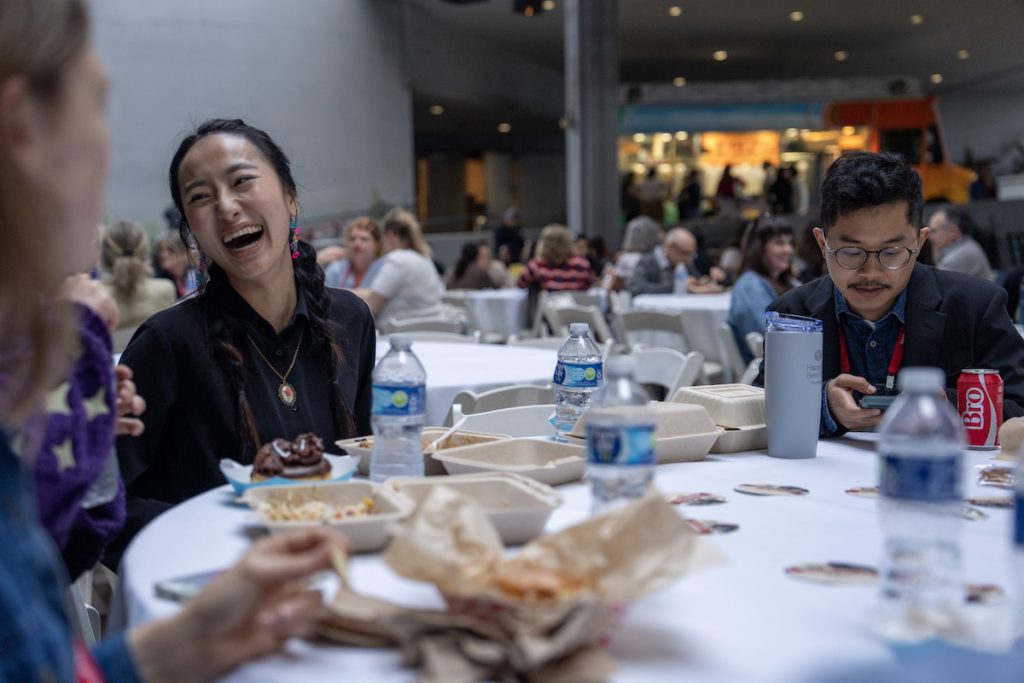 people talking around a table