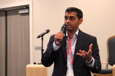 Arun Sharma, Ph.D., gives a lightning talk on stem cell research in space at HJ25