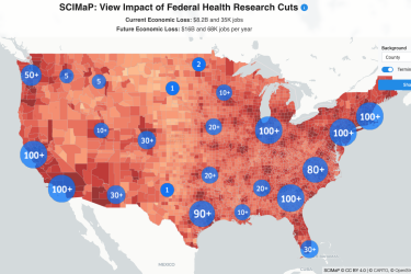 A map of U.S. counties showing the impact of federal health research cuts to institutions like the NIH. Text: "SCIMaP: View Impact of Federal Health Research Cuts. Current Economic Loss: $8.2B and 35K jobs. Future Economic Loss: $16B and 68K jobs per year.