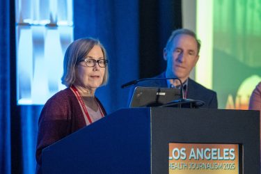 Exiting board president Felice Freyer speaks at HJ25 during the Awards for Excellence in Health Care Journalism ceremony