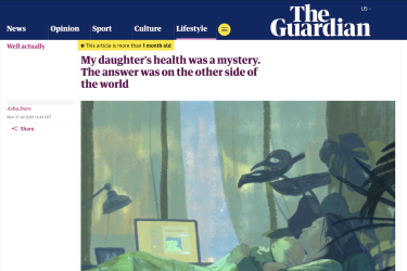Screenshot of The Guardian's website showing Asha Dore's article, "My daughter’s health was a mystery. The answer was on the other side of the world." She pitched the article during a virtual panel.