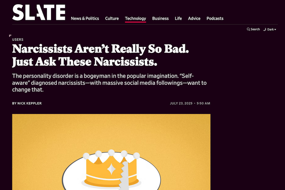 Screenshot of Slate's website showing Nick Keppler's article, "Narcissists Aren’t Really So Bad. Just Ask These Narcissists."
