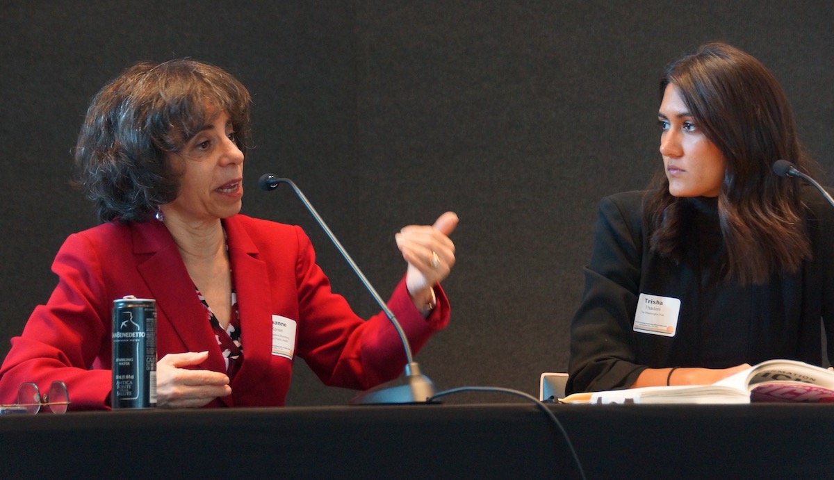 Joanne Kenen, journalist-in-residence at the Johns Hopkins Bloomberg School of Public Health (left), and Trisha Thadani, health reporter at The Washington Post (right), speak during the “Information Sick” author talk at AHCJ’s Fall Summit. Panelist Joshua Sharfstein, M.D., (not featured) participated via Zoom. Photo by Erica Tricarico