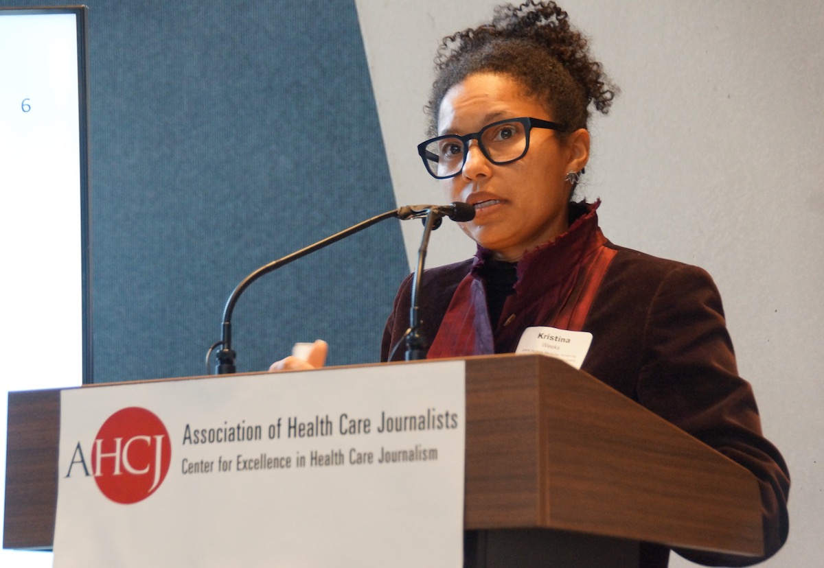 Kristina Weeks, Dr.P.H., MHS, assistant professor of anesthesiology and critical care medicine at the Johns Hopkins School of Medicine and a member of the Armstrong Institute for Patient Safety and Quality and the Center for Health Equity, speaks during the session “Quality over quantity: Reaching patients with research” at AHCJ’s Fall Summit. Photo by Erica Tricarico