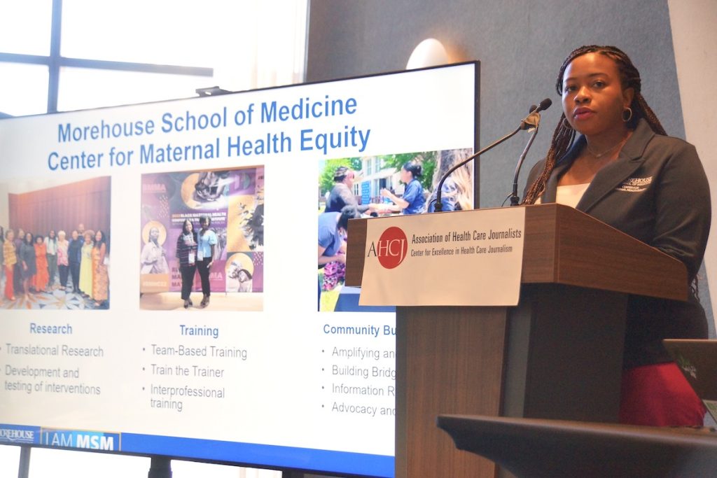 Myah Griffin, M.D., maternal-fetal medicine physician and medical director of the Center for Maternal Health Equity at Morehouse School of Medicine, addresses attendees during the session “What we don’t know could kill us: Finding the missing pieces in maternal health research” at AHCJ’s Fall Summit. Photo by Erica Tricarico