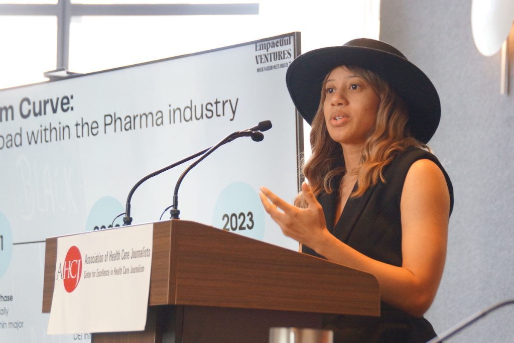 Denise N. Bronner, Ph.D., founder and CEO of Empactful Ventures, speaks during the session “Where do we go from here? The future of diversity in health research” at AHCJ’s Fall Summit. Photo by Erica Tricarico