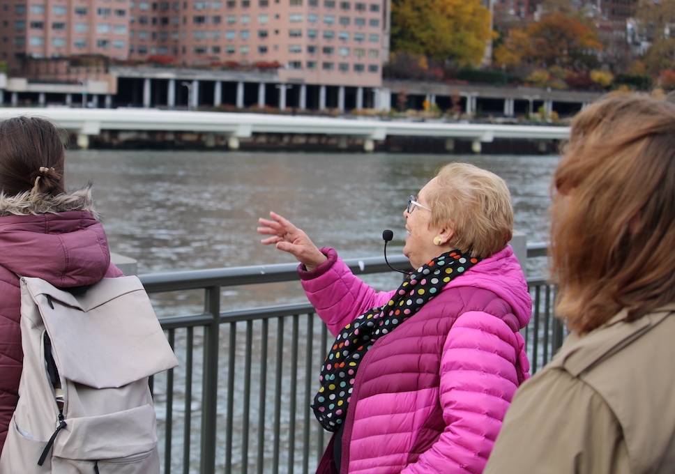 Journalists on a tour of Roosevelt Island look across the Hudson River. Photo by Kevin Ridder