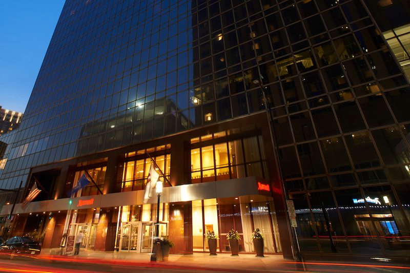 nighttime view of the Minneapolis Marriott City Center, where HJ26 will be held.