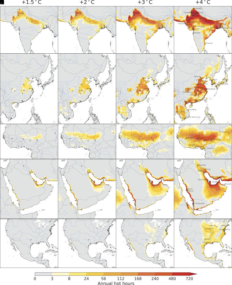 heat map showing Annual number of hours above the survivability threshold over South Asia (A–D), East Asia (E–H), North Africa (I–L), Middle East (M–P), and North America (Q–T) under 1.5, 2, 3, and 4 °C of warming relative to preindustrial level