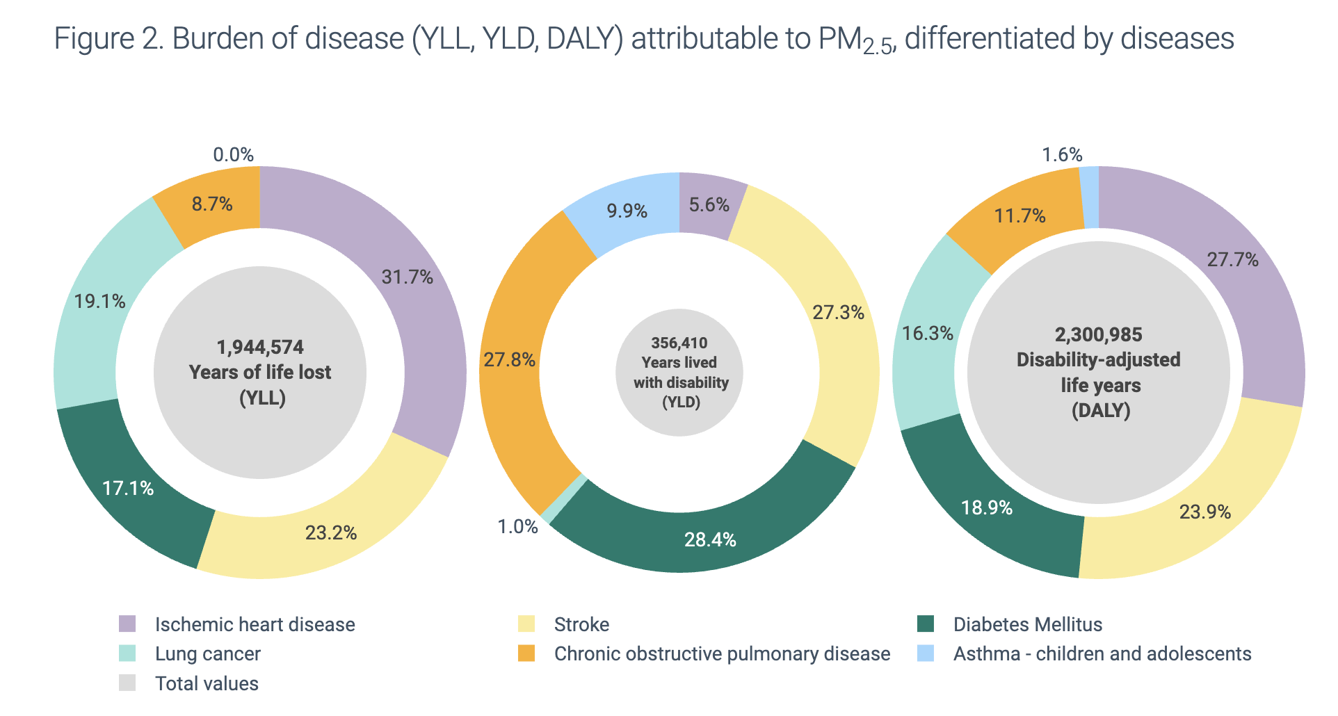 Figure 2. Burden of disease (YLL, YLD, DALY) attributable to PM2.5, differentiated by diseases