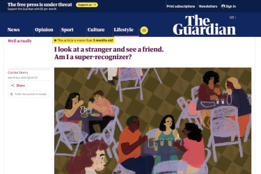 Screenshot of Carina Storrs' Nov. 2025 article in The Guardian titled: "I look at a stranger and see a friend. Am I a super-recognizer?"