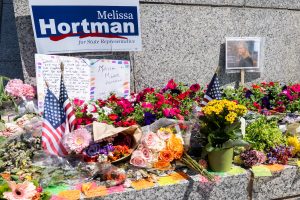 A memorial at the Minnesota State Capitol for State Rep. Mellissa Hortman. She was assassinated along with her husband and their dog on June 14, 2025.