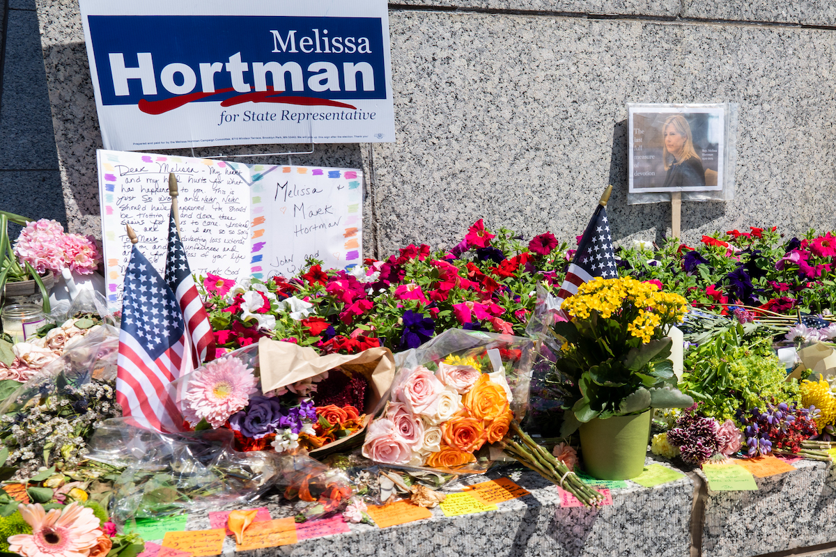 A memorial at the Minnesota State Capitol for State Rep. Mellissa Hortman. She was assassinated along with her husband and their dog on June 14, 2025.