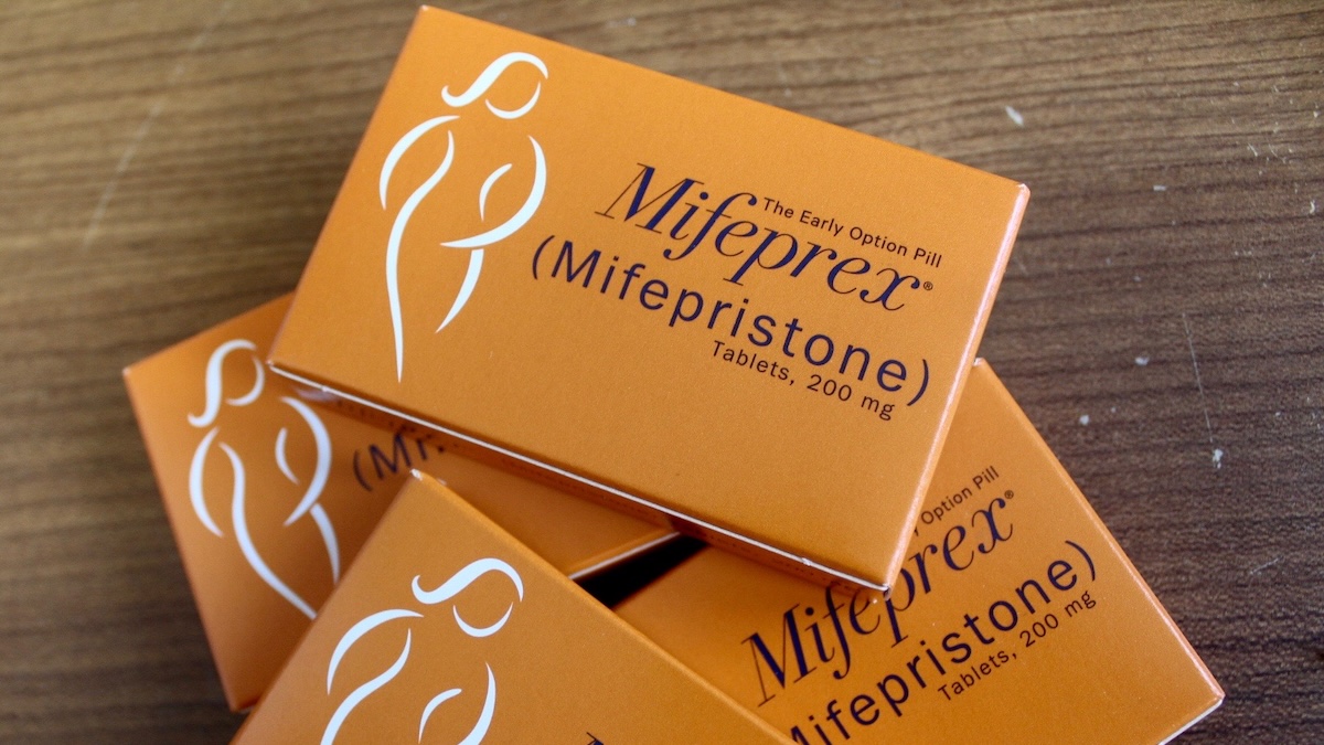 Boxes of Mifeprex (mifepristone) tablets, an abortion medication.