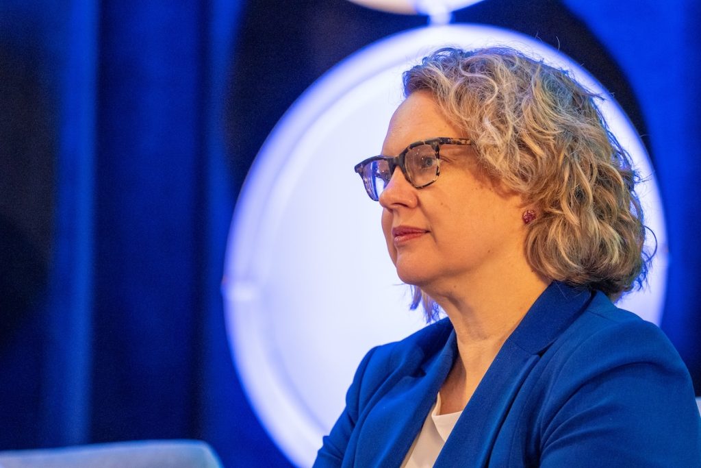 Panelist Heather Pierce, J.D., MPH, with the Association of American Medical Colleges, at the HJ26 session titled "The U.S. research machine has been hobbled. What will replace it?" Photo by Zachary Linhares
