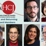 AHCJ and Center for Excellence in Health Care Journalism New and returning board members. The graphic shows headshots of each of the new and returning members.