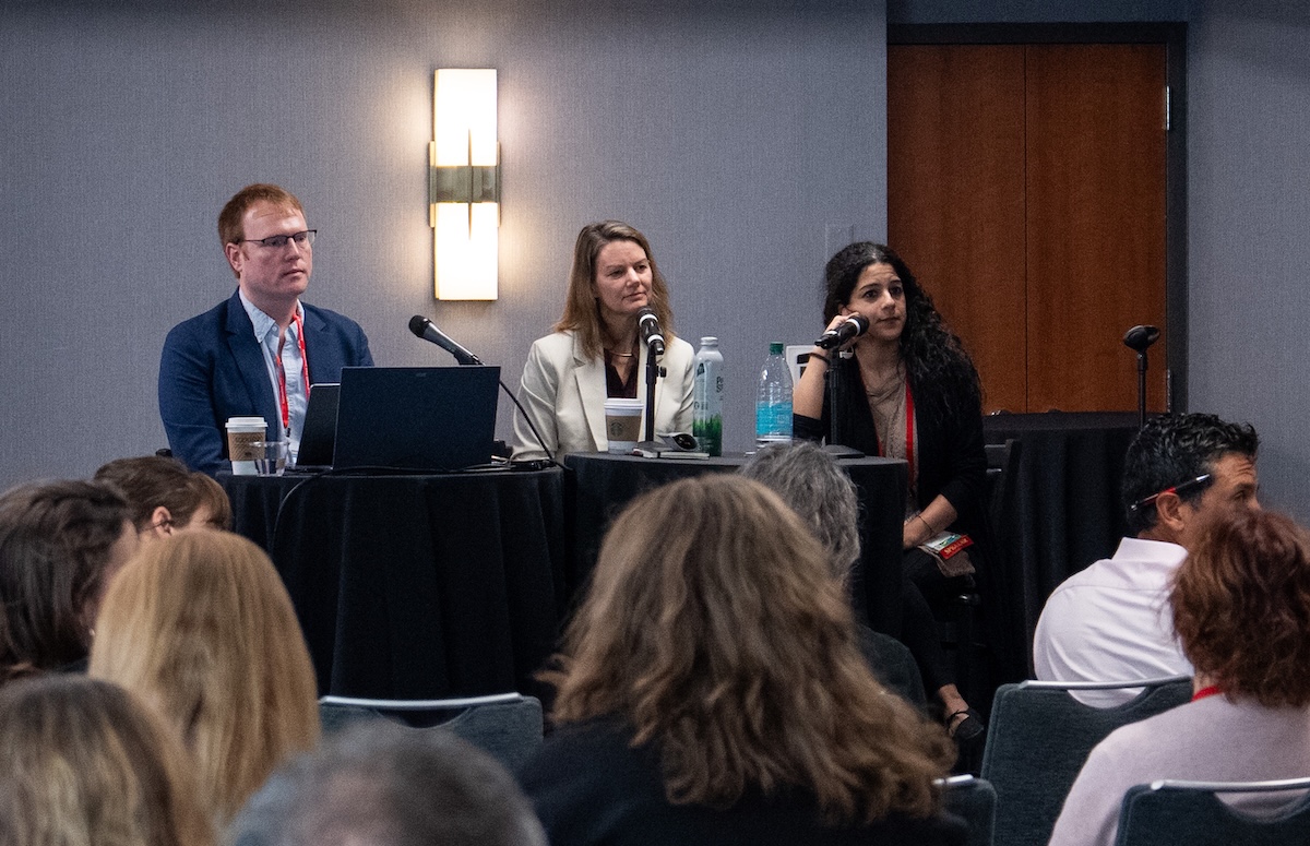 Jason Kane (left), Sarah Varney and Nada Hassanein, journalists who cover abortion, pregnancy and reproductive rights, discuss how to keep such stories alive on May 28 at Health Journalism 2026 in Minneapolis. Photo by Zachary Linhares