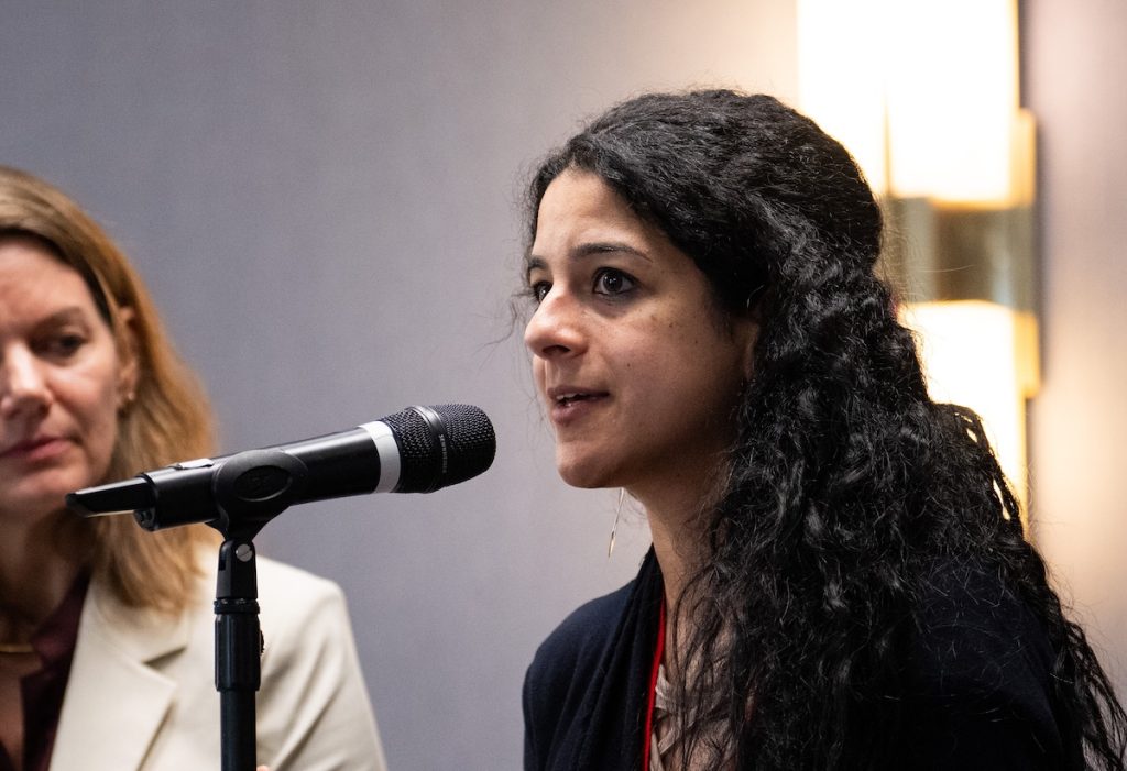 Nada Hassanein speaks at the HJ26 session "Abortion in America: Finding hidden stories locally and nationwide." Photo by Zachary Linhares