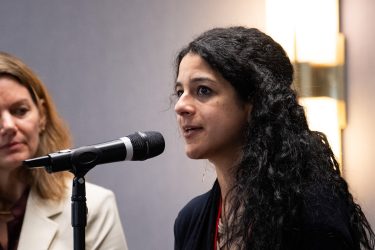 Nada Hassanein speaks at the HJ26 session "Abortion in America: Finding hidden stories locally and nationwide." Photo by Zachary Linhares