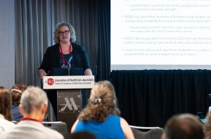 Genevieve Gaboriault, Deputy Ombudsman for Long-Term Care in Minnesota, speaks at HJ26. Photo by Zachary Linhares