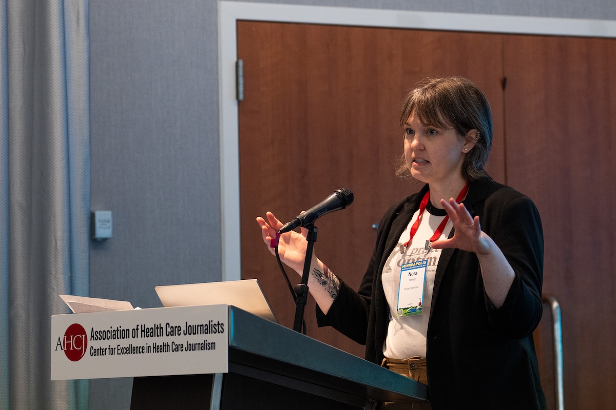 Nora Hertel, Founder and Executive Director of Project Optimist, speaks about solutions journalism at HJ26. Photo by Zachary Linhares