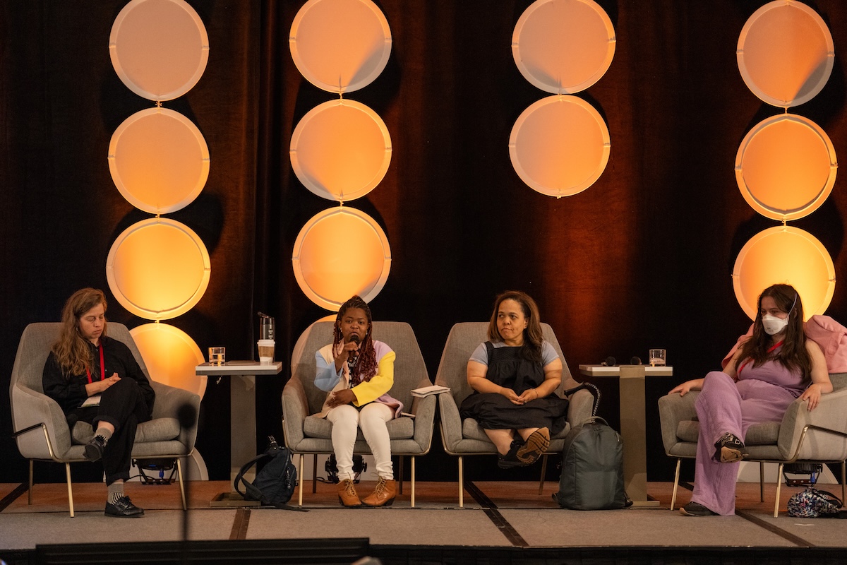 Panelists at the HJ26 session "Survival of the fittest: Covering the resurgence of eugenics-coded health policies and products." From left to right: Megan Molteni, Ericka A Dixon, Cara Reedy, and Julia Métraux. Photo by Zachary Linhares