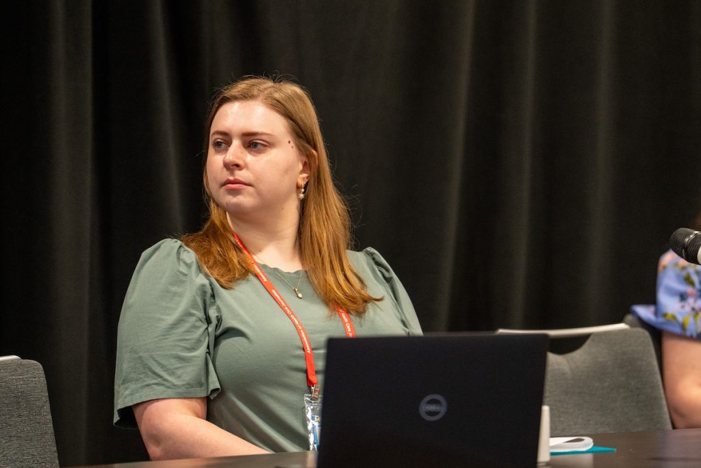 Rochester Post Bulletin Health Reporter Dené Dryden at a session she moderated on rural maternity care access at HJ26. Photo by Zachary Linhares